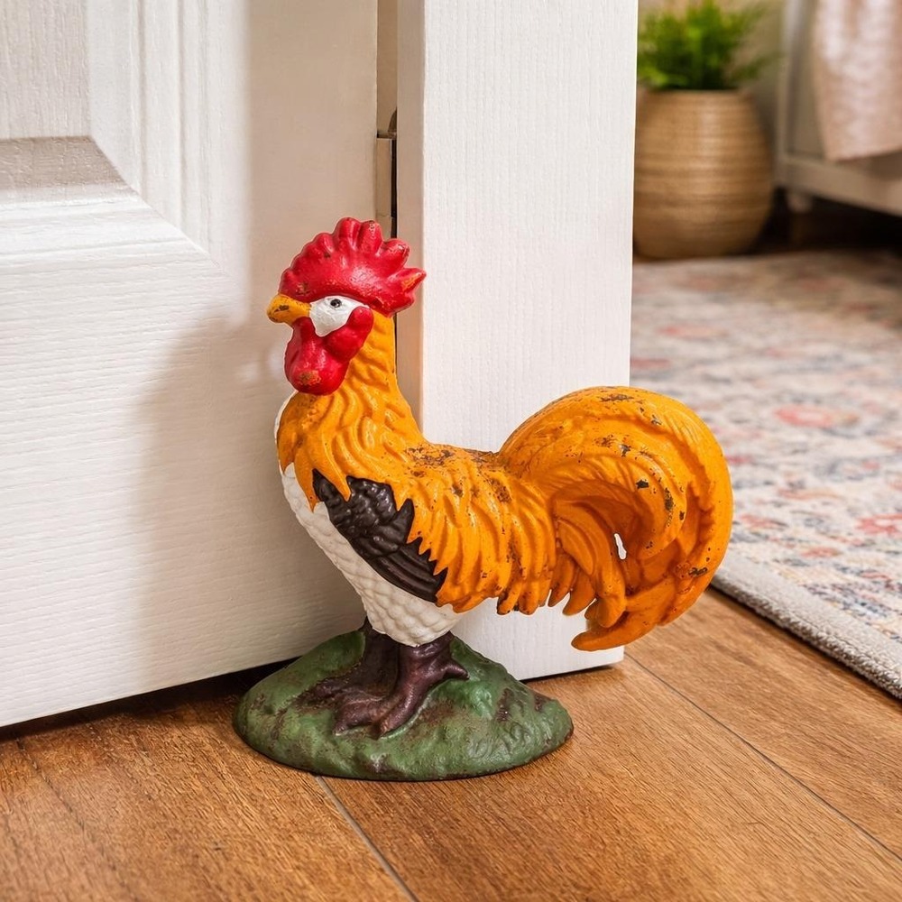 Cast Iron Rooster Doorstop Hand Painted 1950s Farmhouse Folk Art Cottagecore